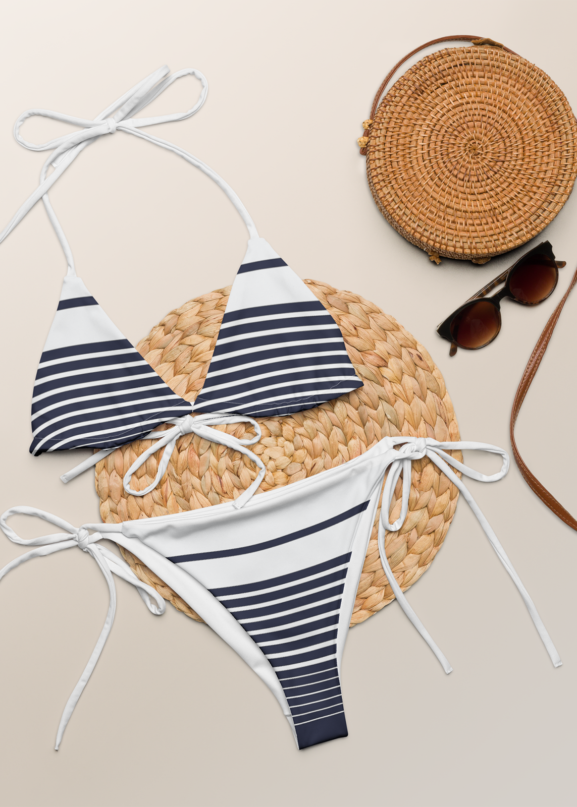 Third GEN Logo Navy & White Striped String Bikini